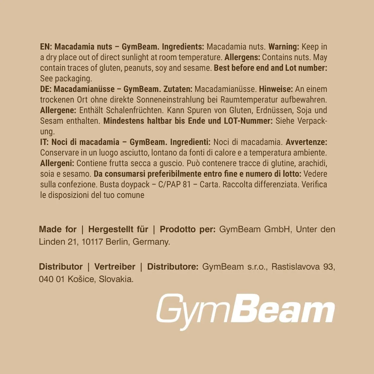 GymBeam Macadamianüsse ungesalzen 500 g veganer Snack