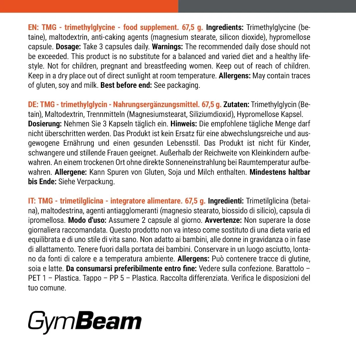 GymBeam TMG Kapseln Betain 1800mg vegan