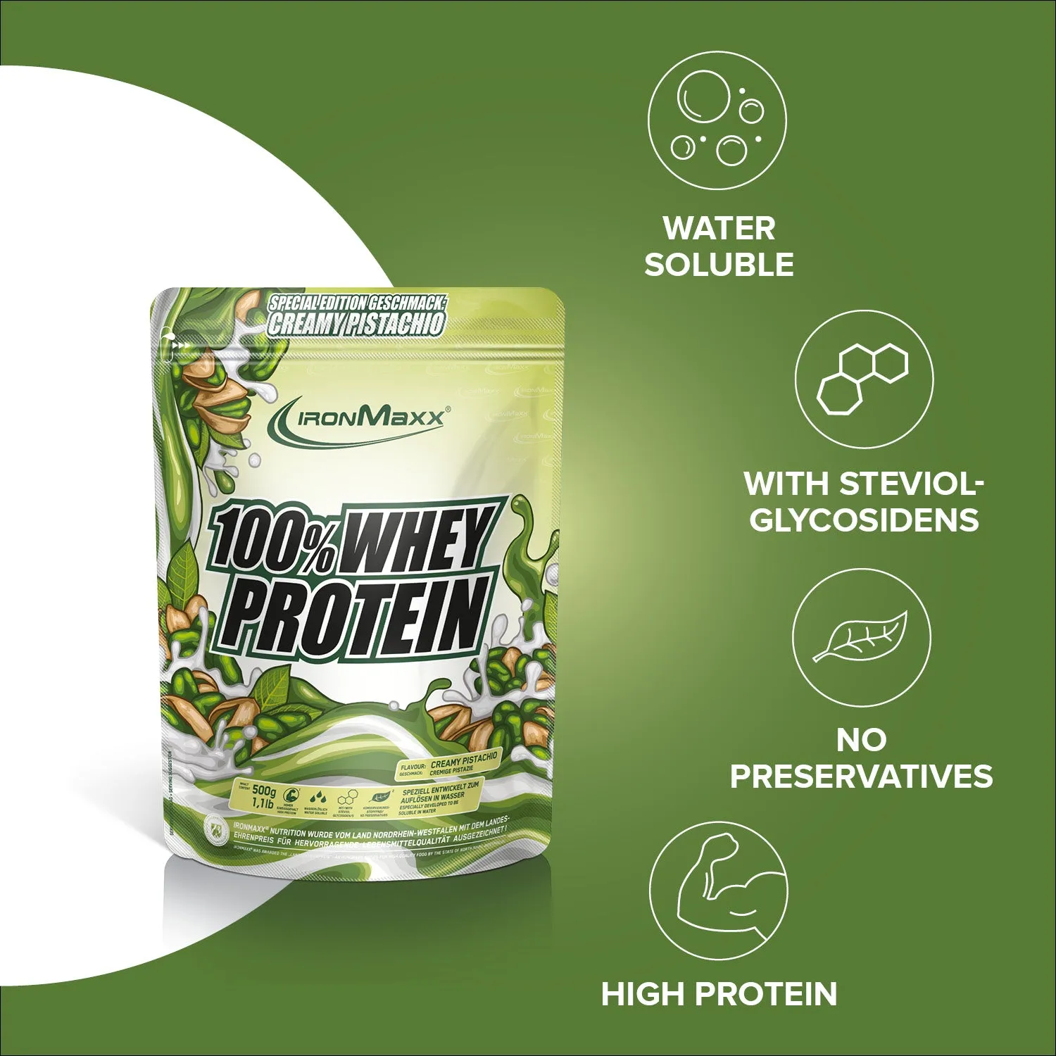 IronMaxx 100% Whey Proteinpulver 500g Creamy Pistazie zuckerfrei