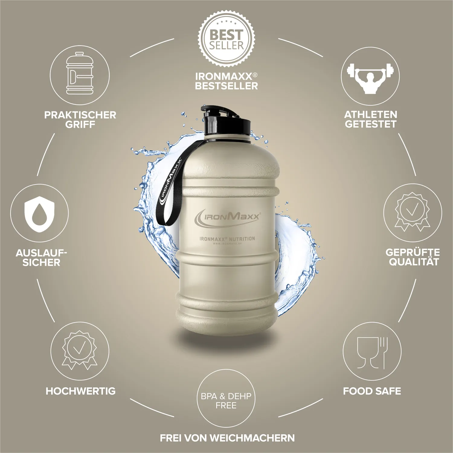 IronMaxx Water Gallon Trinkflasche Sandstone Beige 2200ml BPA-frei