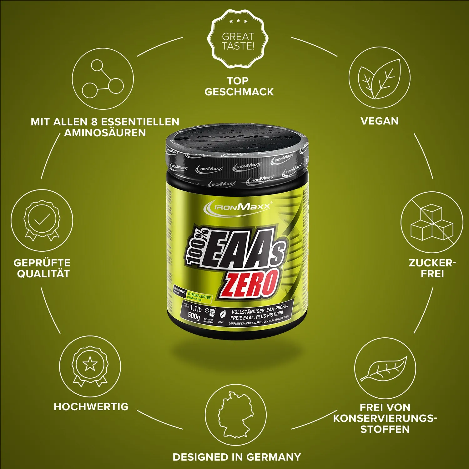 IronMaxx 100% EAAs Zero EAA Pulver Lemon Icetea 500g