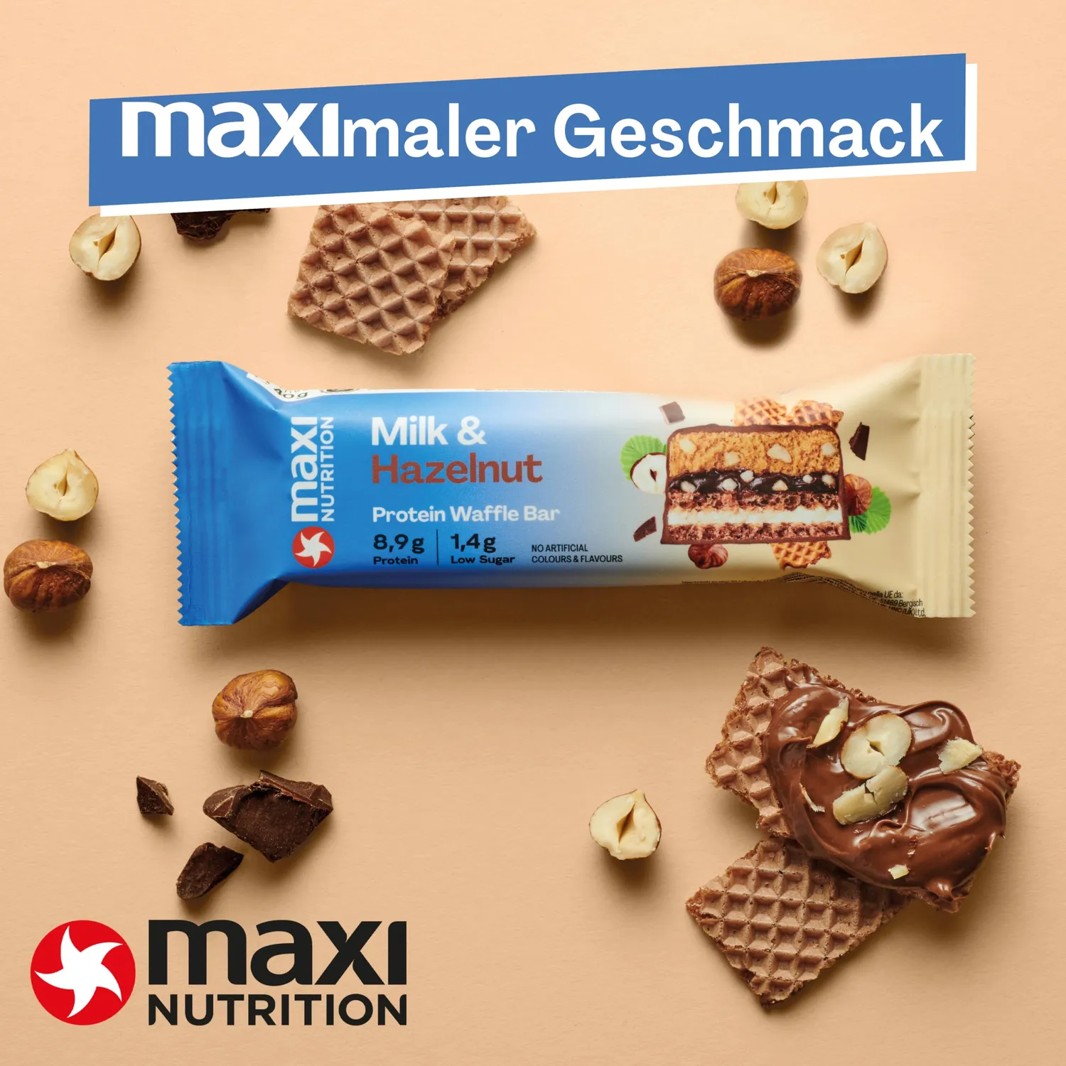 MaxiNutrition Protein Waffle Bar Milch-Haselnuss 12x40g zuckerarm