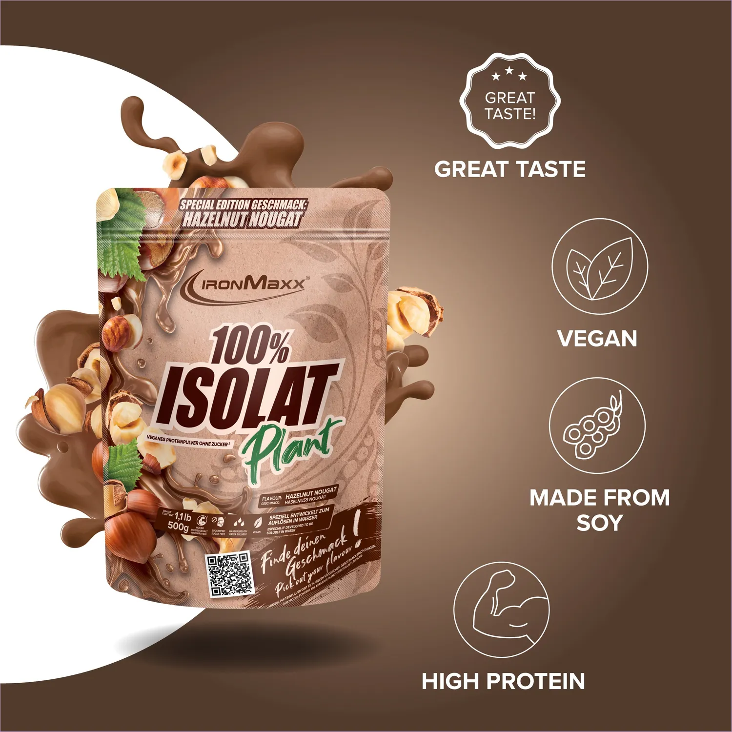 IronMaxx 100% Isolat Plant Pulver 500g Hazelnut Nougat vegan