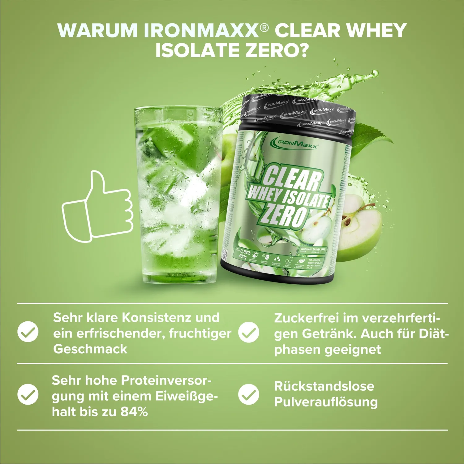 IronMaxx Clear Whey Isolate Zero Proteinpulver 400g Green Apple zuckerfrei