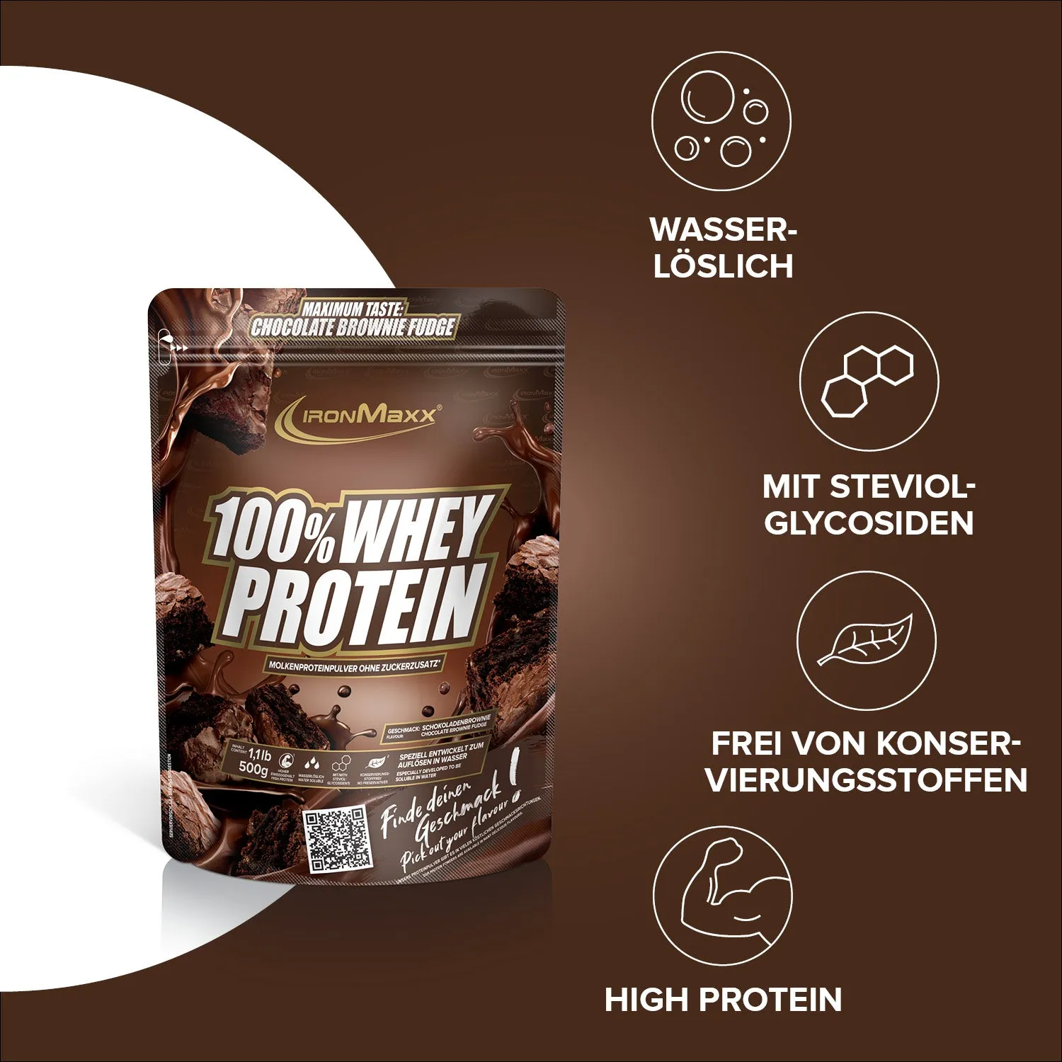 IronMaxx 100% Whey Protein Pulver 500g Brownie Fudge 80% Eiweiß