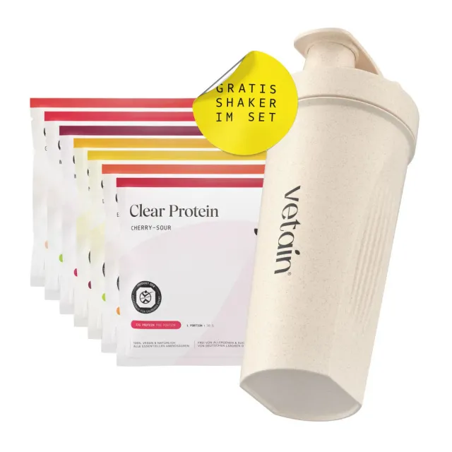 VETAIN Clear Protein Probierset 5x30g + Shaker fruchtig-leicht