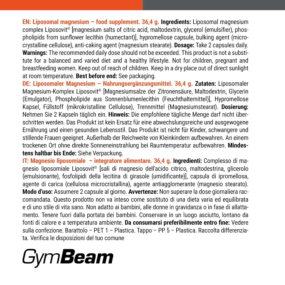 GymBeam Liposomales Magnesium 60 Caps LipoCellTech
