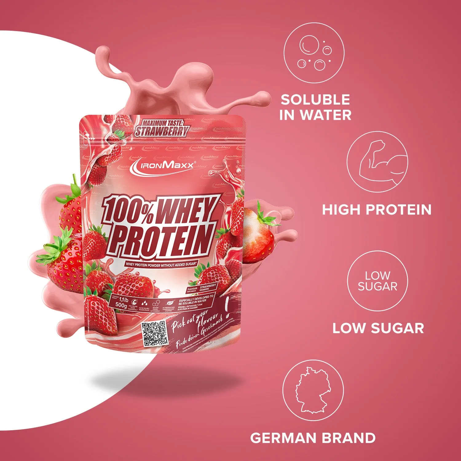 IronMaxx 100% Whey Erdbeere 500 g zuckerfrei