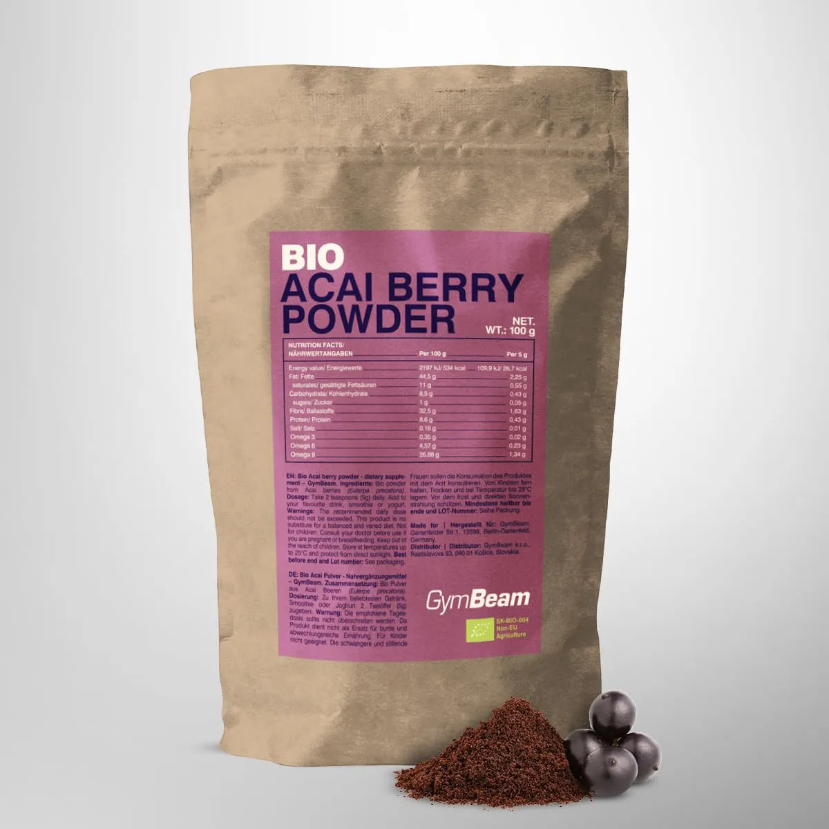 GymBeam Bio Acai Pulver 100 g vegan Ballaststoffe