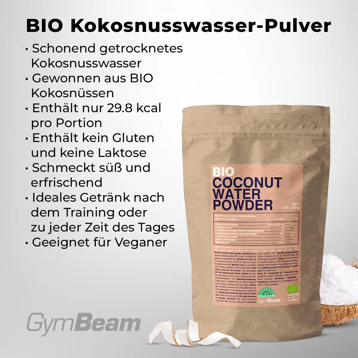 GymBeam BIO Kokosnusswasser Pulver 100g vegan