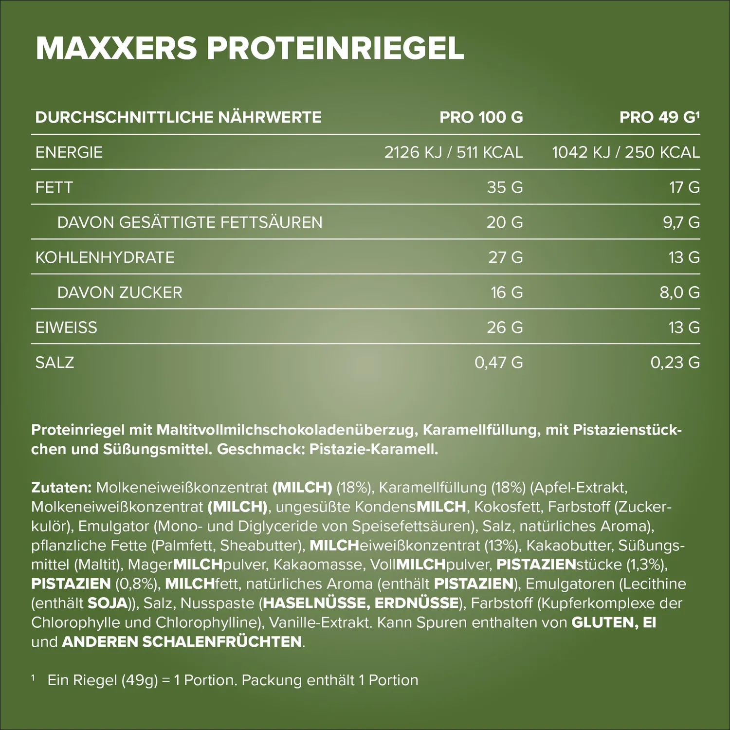 IronMaxx Maxxers Proteinriegel 49g Milk Choc Pistachio Caramel 13g Protein
