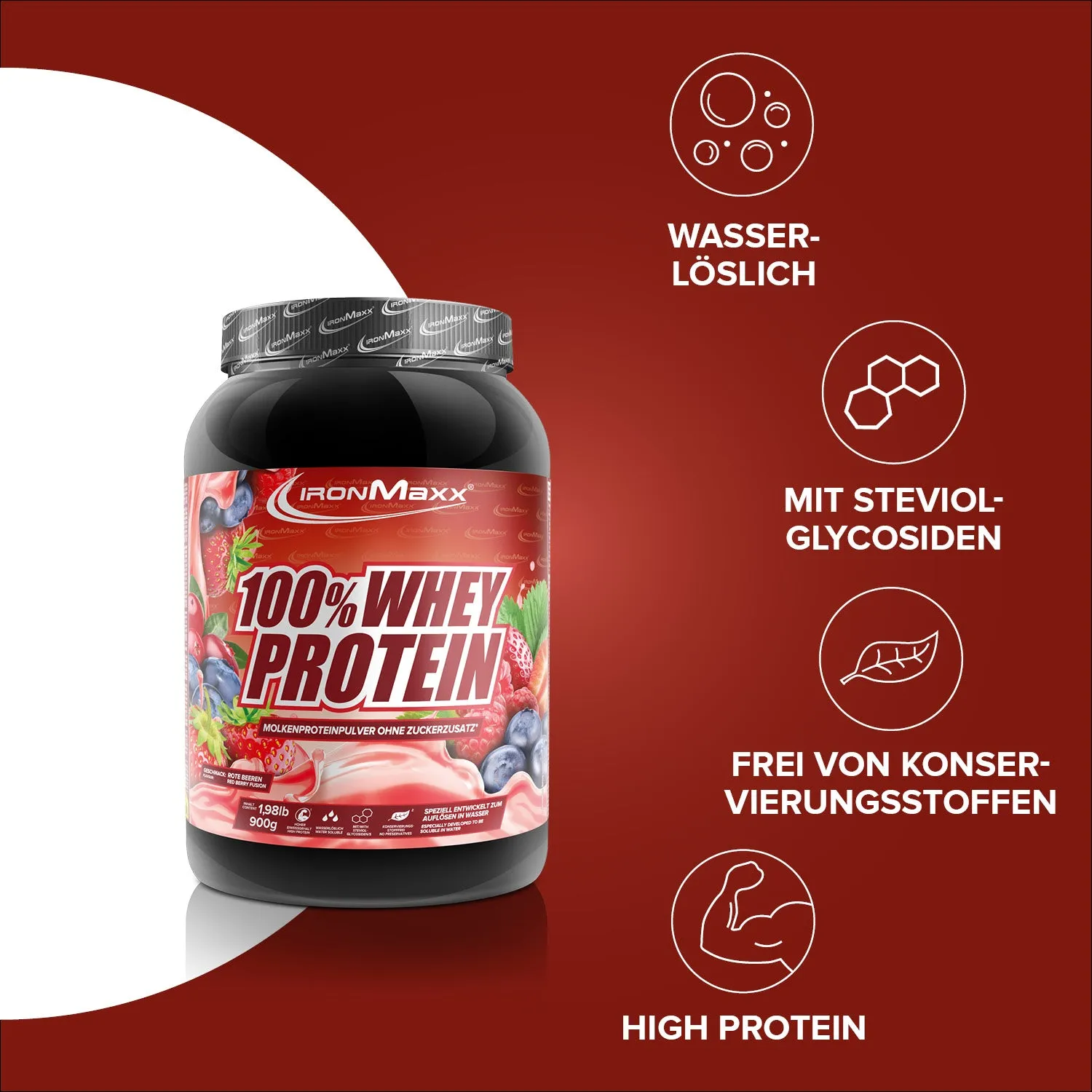 IronMaxx 100% Whey Protein 900g Red Berry Fusion zuckerfrei