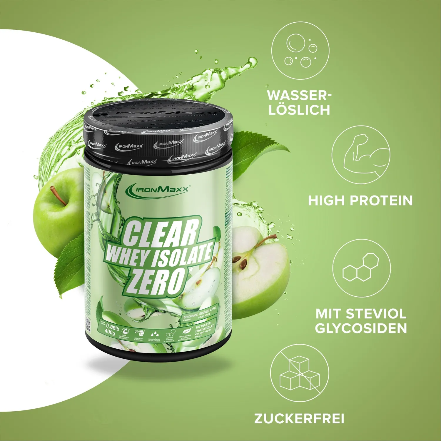IronMaxx Clear Whey Isolate Zero Proteinpulver 400g Green Apple zuckerfrei