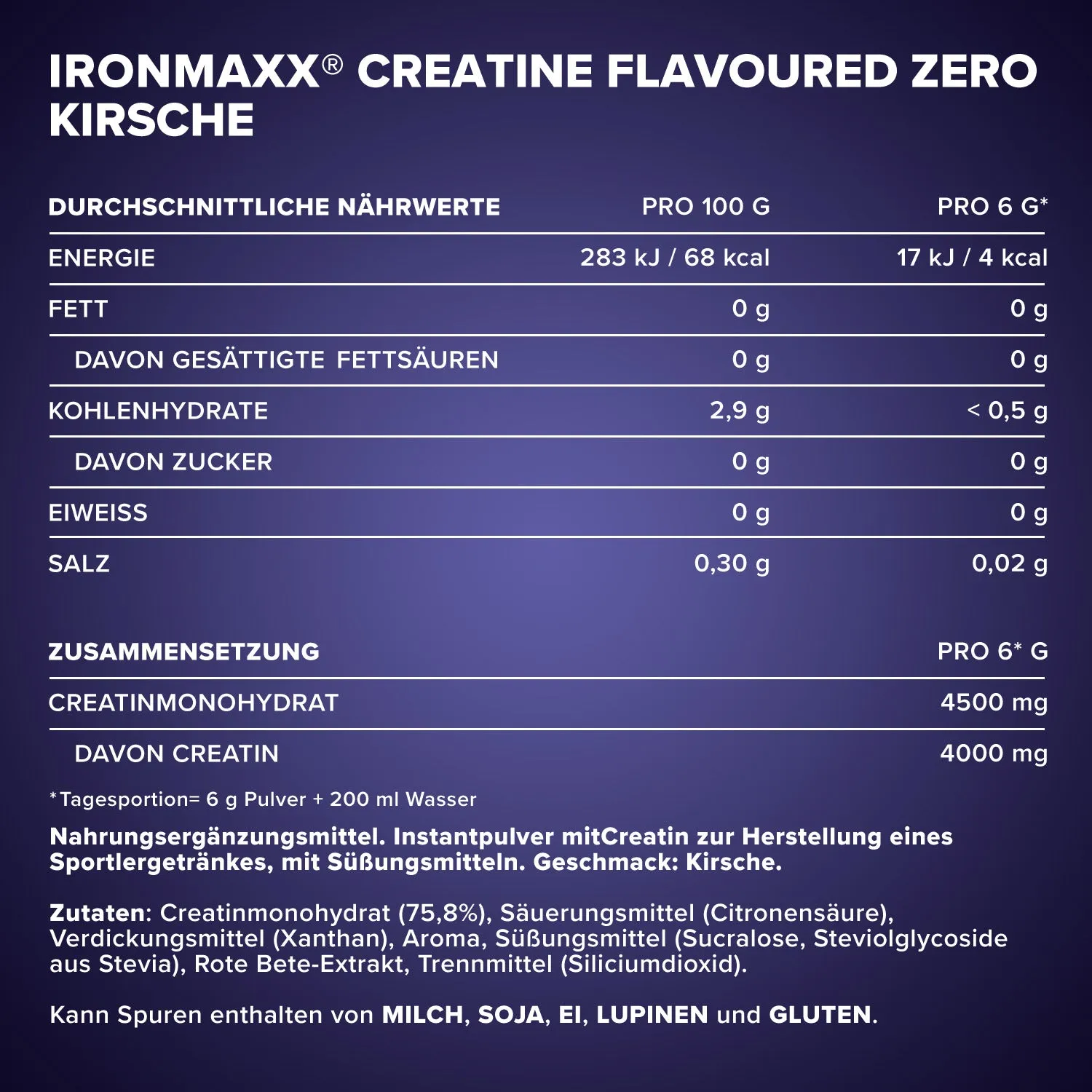 IronMaxx Creatine Flavoured Zero Pulver 500g Kirsche zuckerfrei