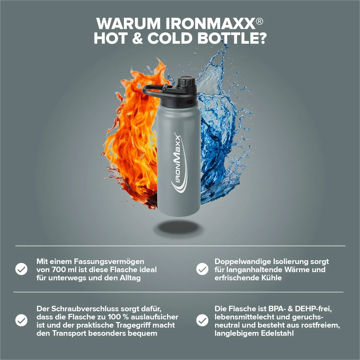 IronMaxx Hot & Cold Bottle Trinkflasche 800ml Ash Grey isoliert