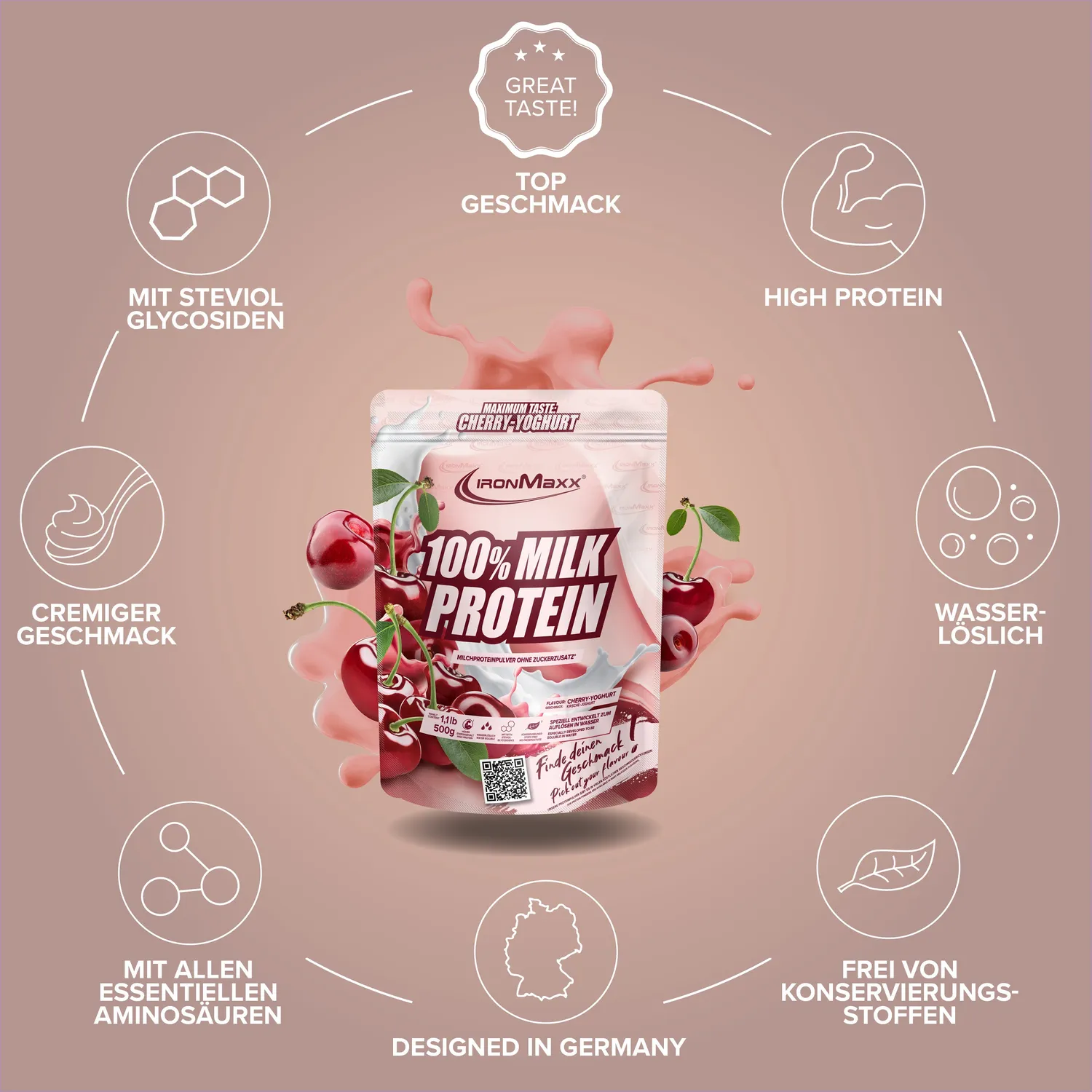 IronMaxx 100% Milk-Protein 500g Cherry Yoghurt Slow Release Casein