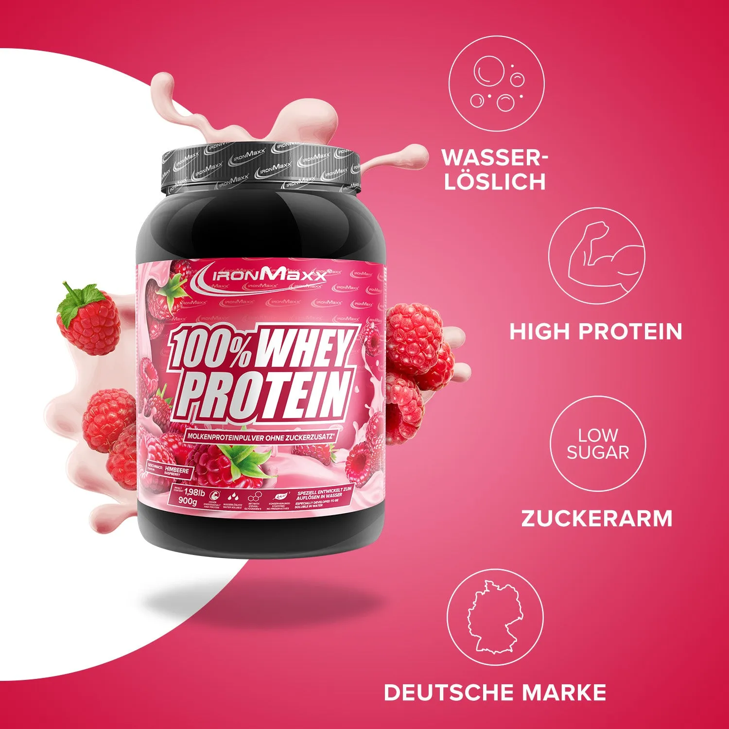 IronMaxx 100% Whey Protein Pulver 900g Himbeere Muskelaufbau