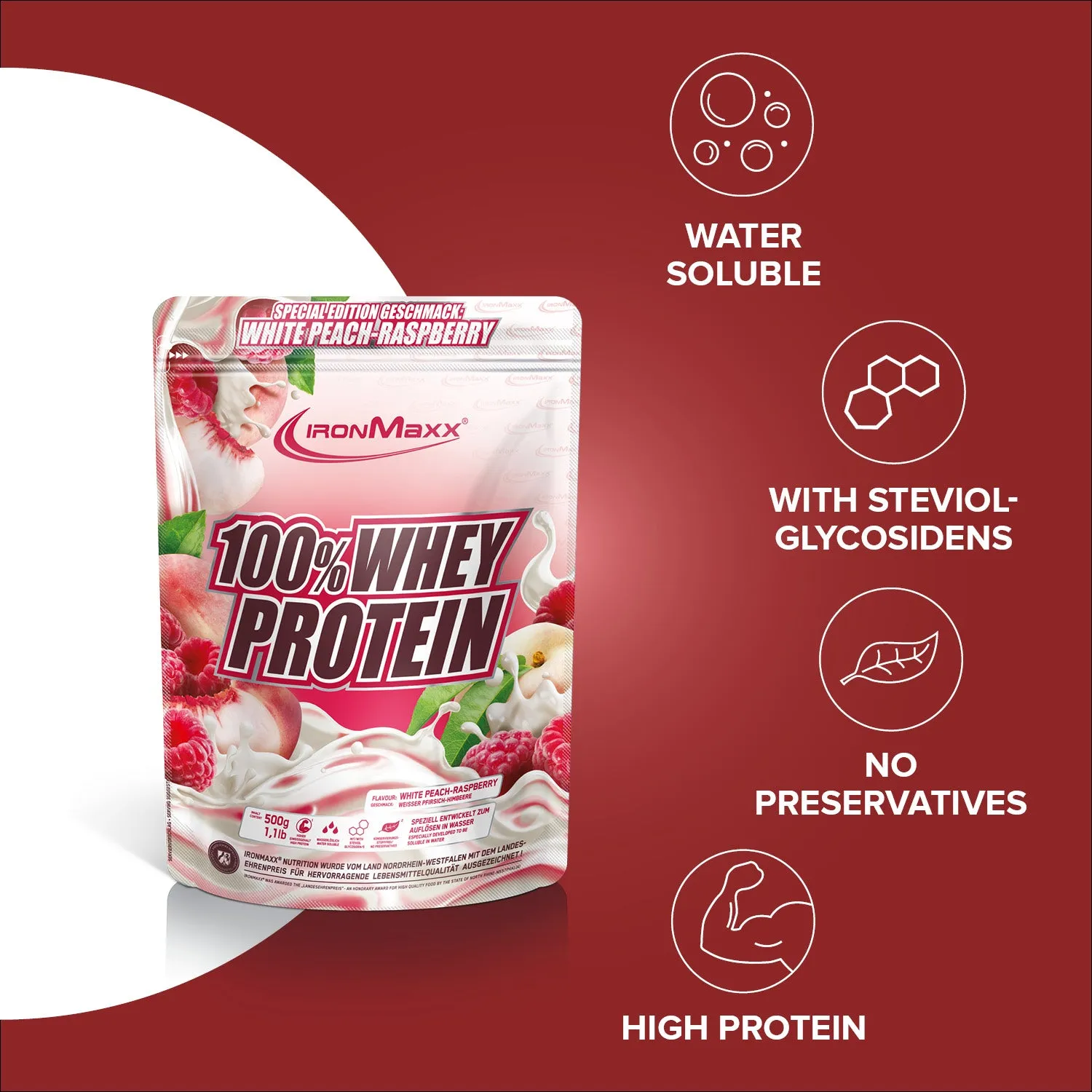 IronMaxx 100% Whey Protein White Peach Raspberry 500g zuckerfrei