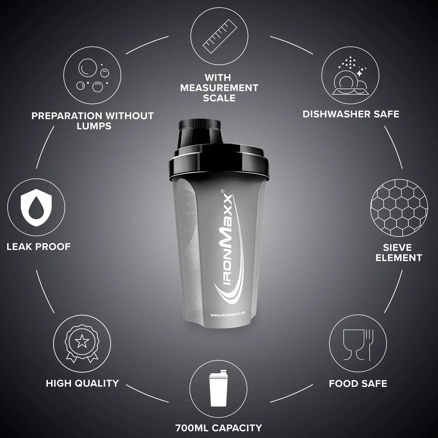 IronMaxx Shaker Schwarz Matt 700ml BPA-frei