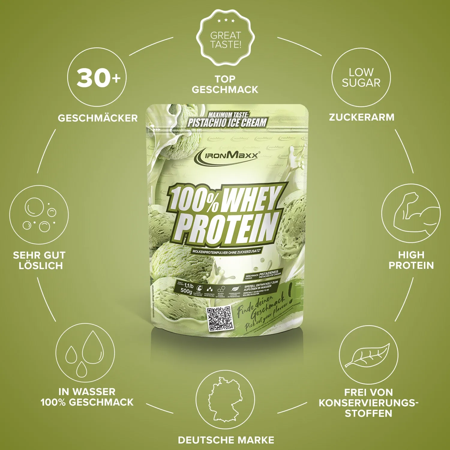 IronMaxx 100% Whey Protein Proteinpulver Pistazie 500g Eisfan