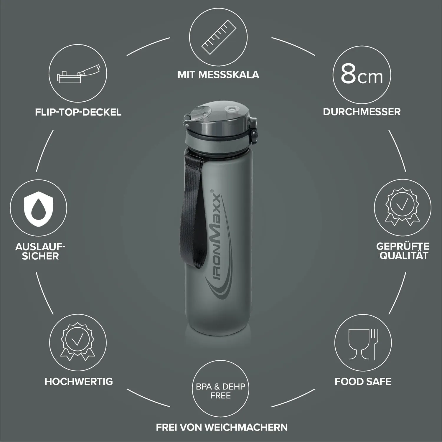 IronMaxx Sport Water Bottle Trinkflasche 1000ml Ash Grey