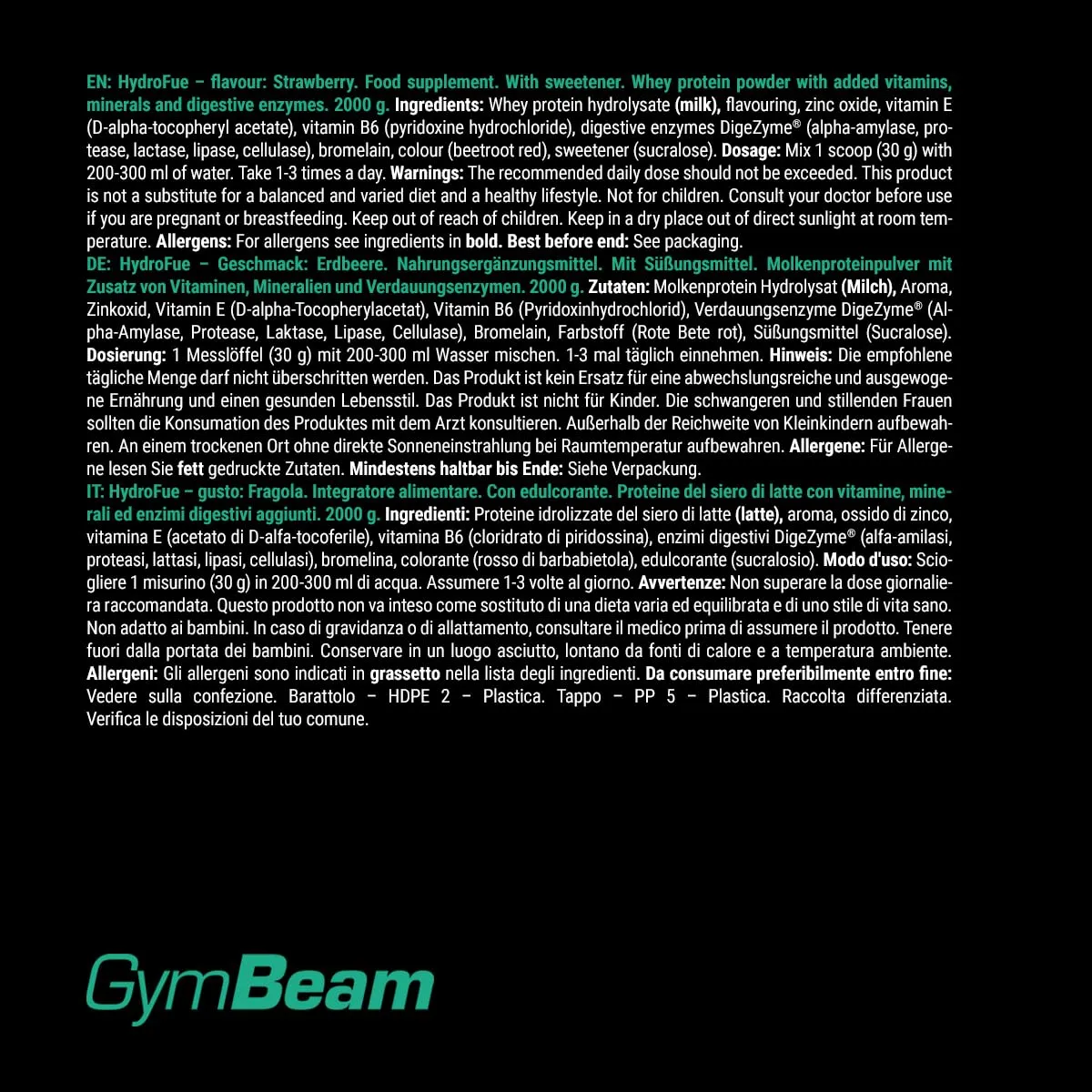 GymBeam HydroFue Whey 2000 g Erdbeere 75,2% Protein