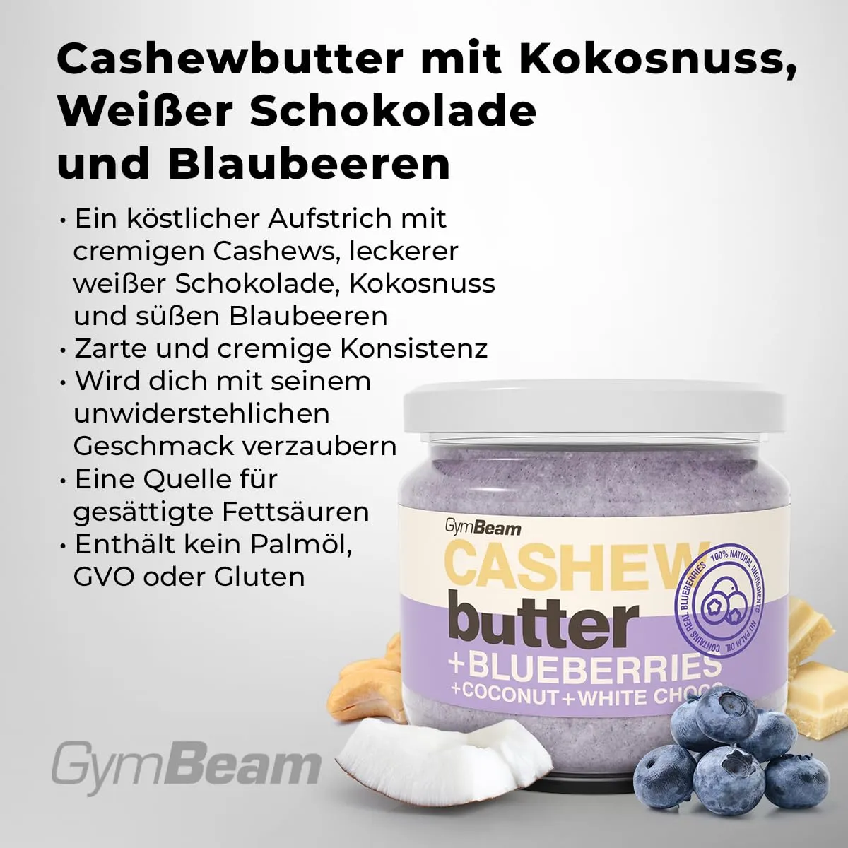 GymBeam Cashewbutter Kokos weiße Schokolade Blaubeere 340g