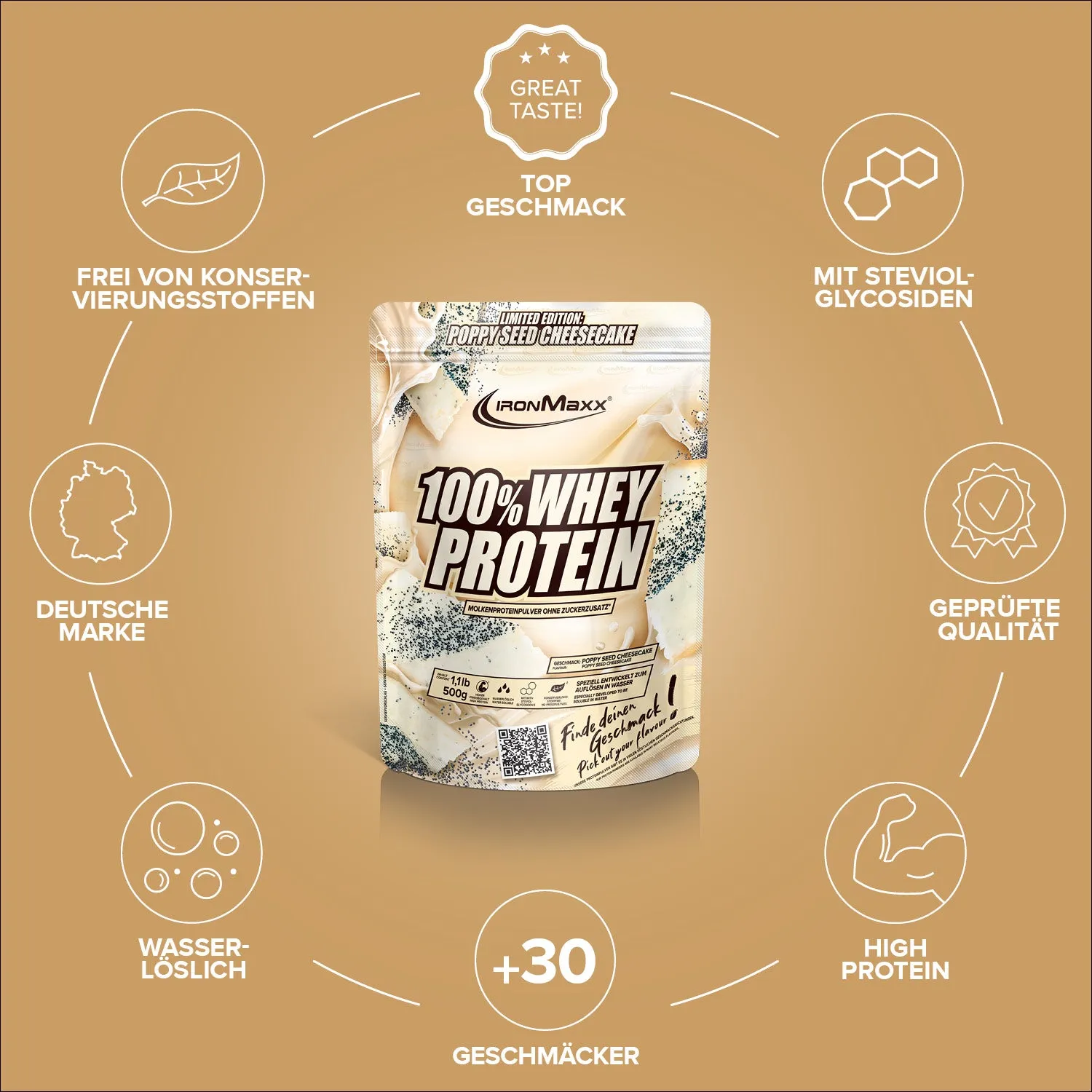 IronMaxx 100% Whey Proteinpulver 500g Mohn-Cheesecake zuckerfrei