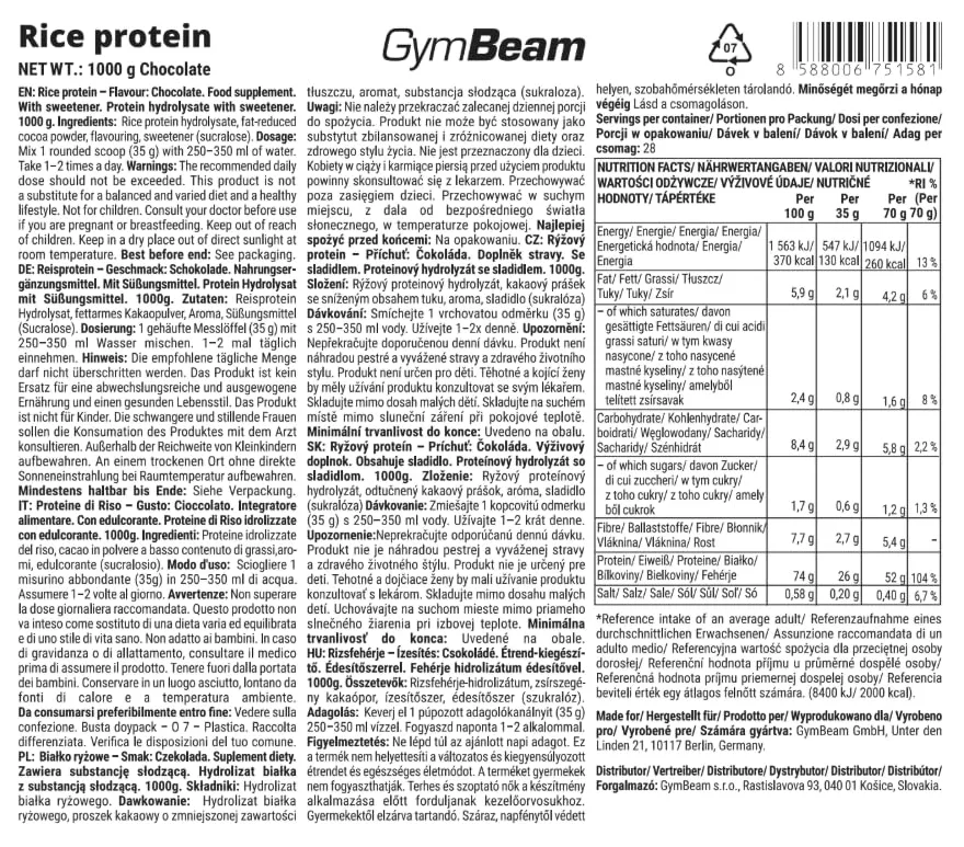 GymBeam Reisprotein Schokolade 1000g vegan