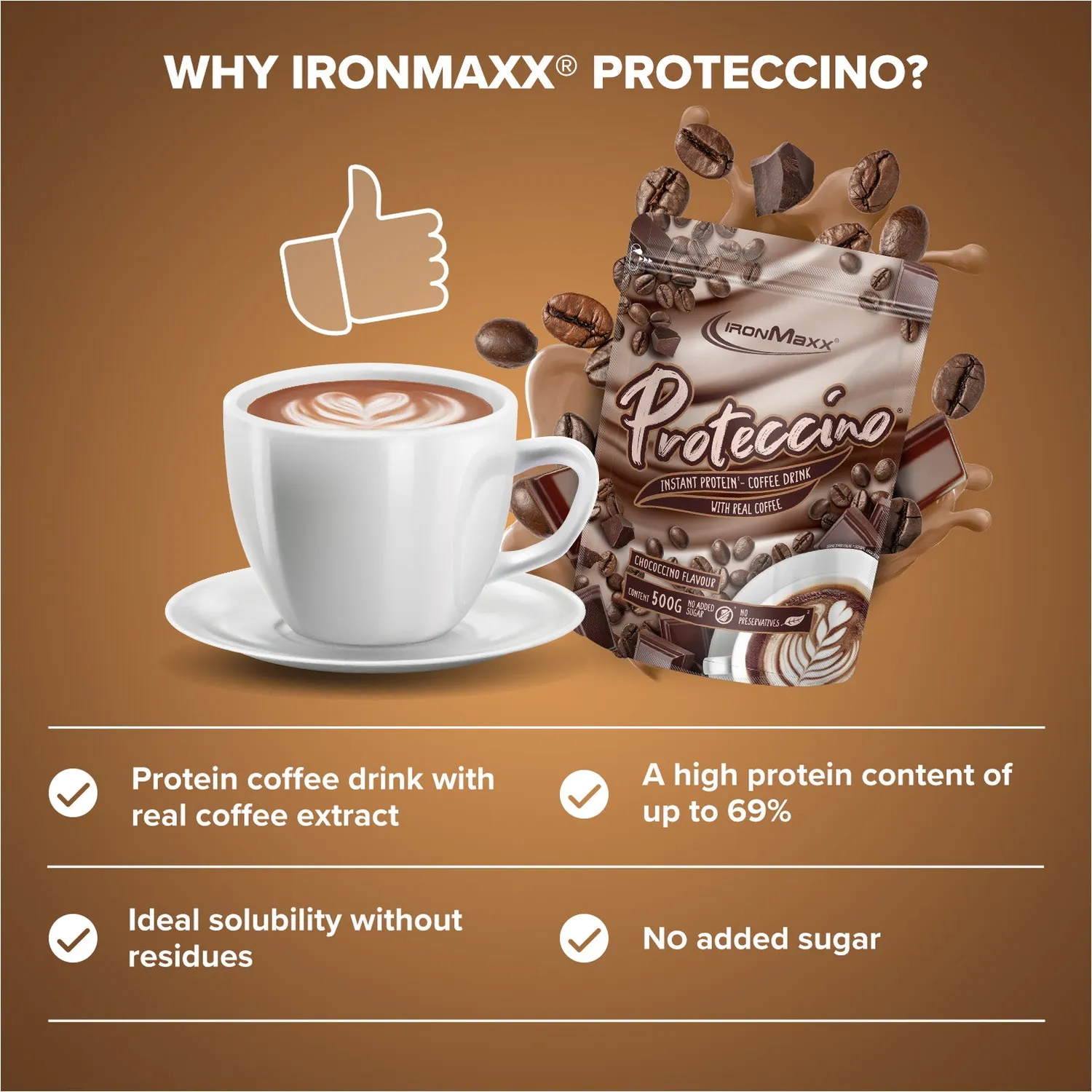 IronMaxx Proteccino Protein-Kaffee Chocolate 500g mit Koffein
