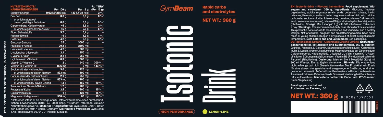 GymBeam Isotonic Drink Pulver 360 g Zitrone-Limette mit BCAA