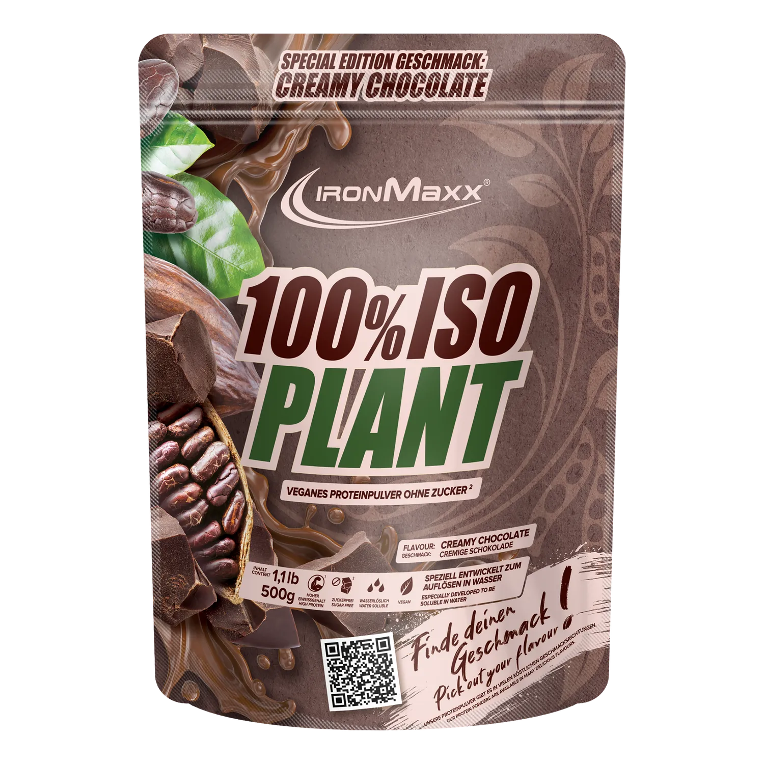 IronMaxx 100% Isolat Plant Proteinpulver 500g Chocolate vegan