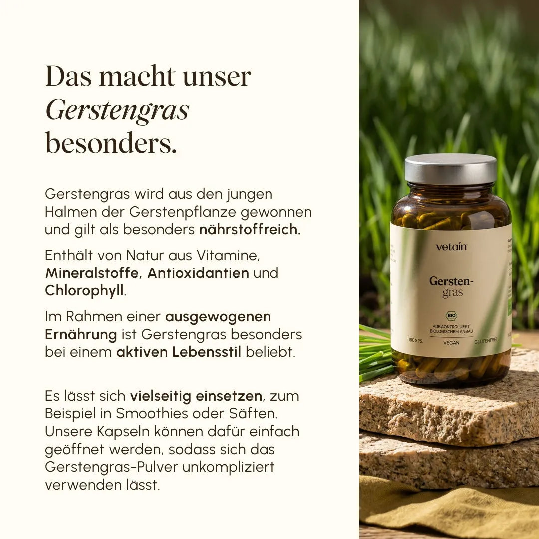 VETAIN Bio Gerstengras Kapseln 180 Stück rein ohne Zusätze