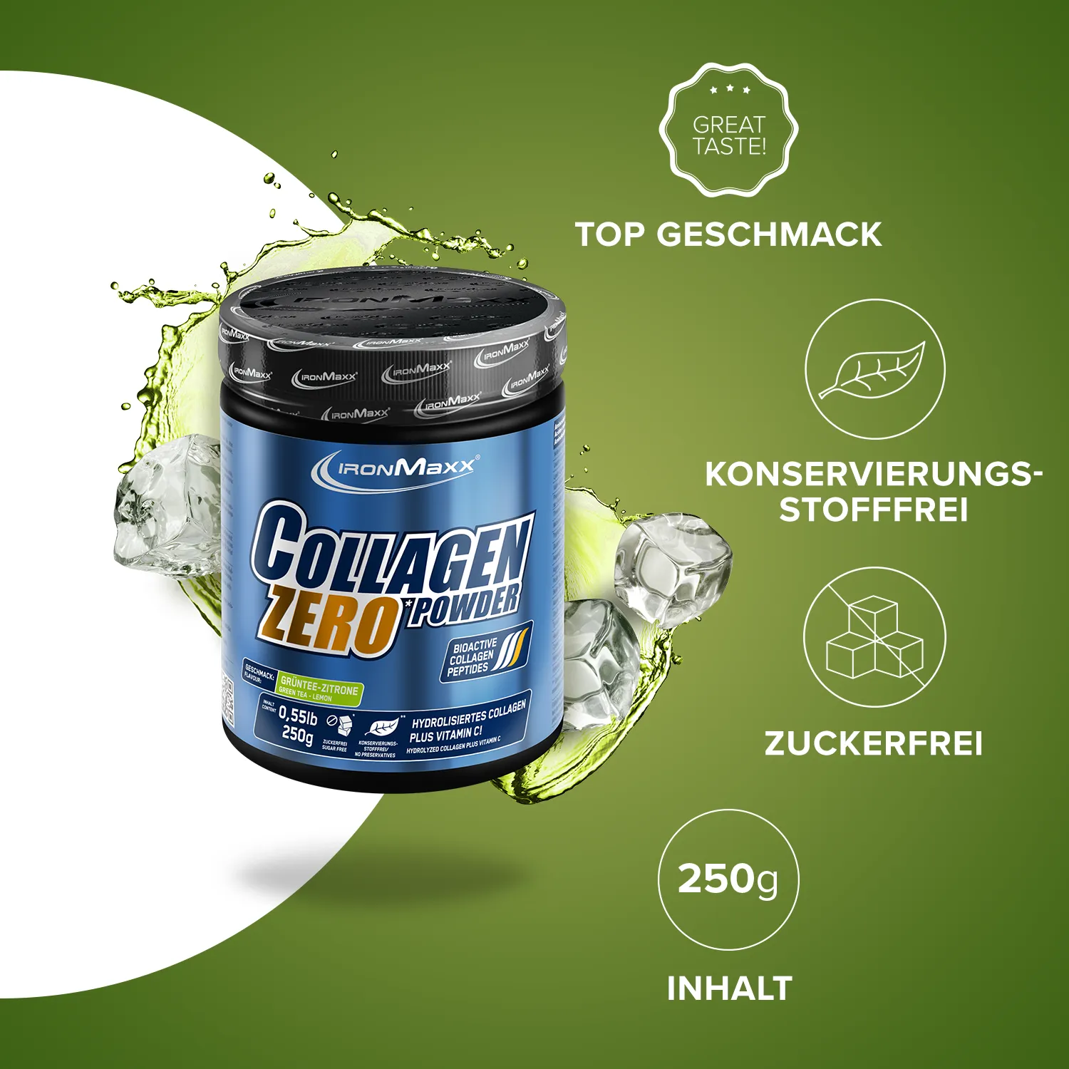 IronMaxx Collagen Powder Zero Kollagen Pulver 250g Grüntee-Zitrone