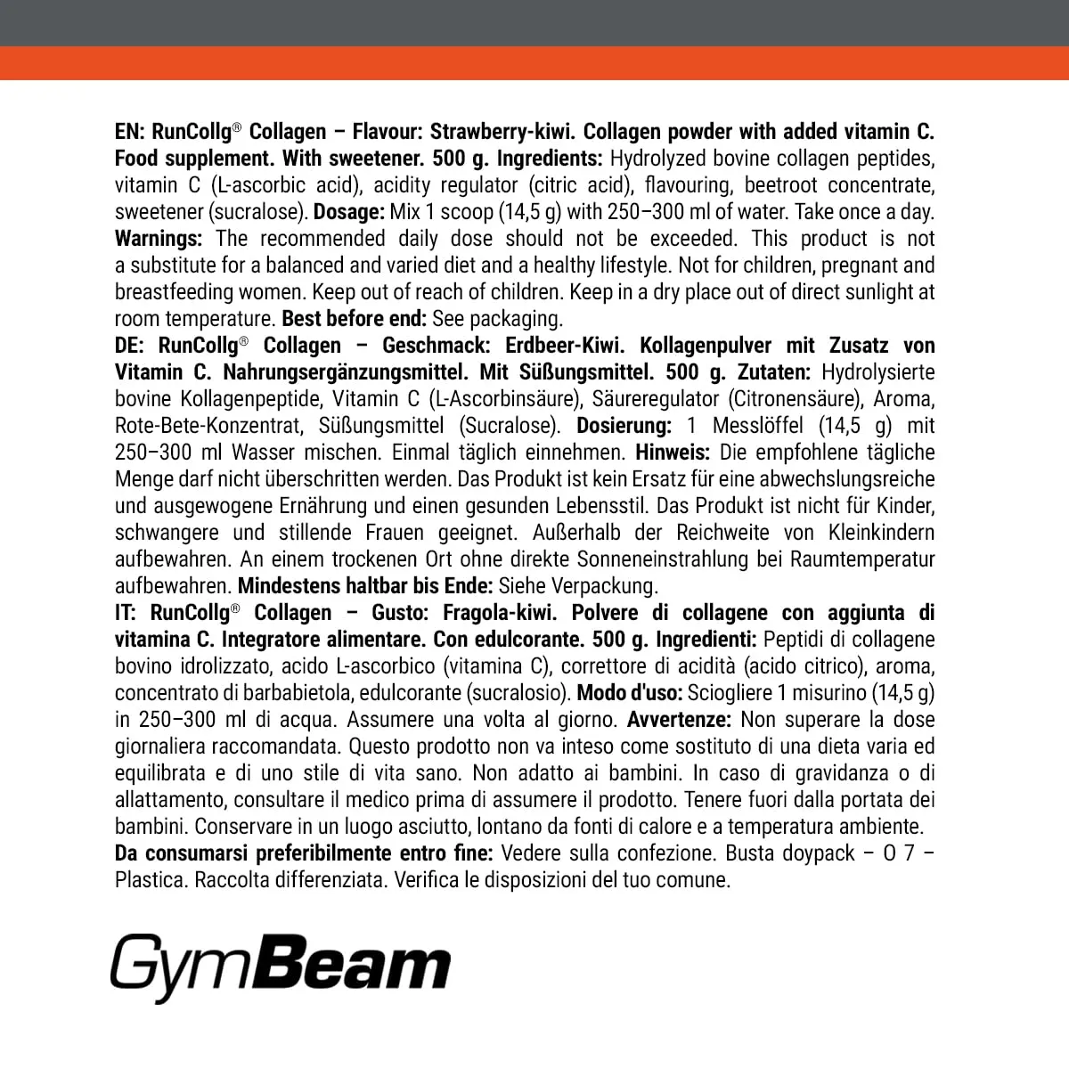 GymBeam RunCollg Kollagen Pulver Erdbeere Kiwi 500 g