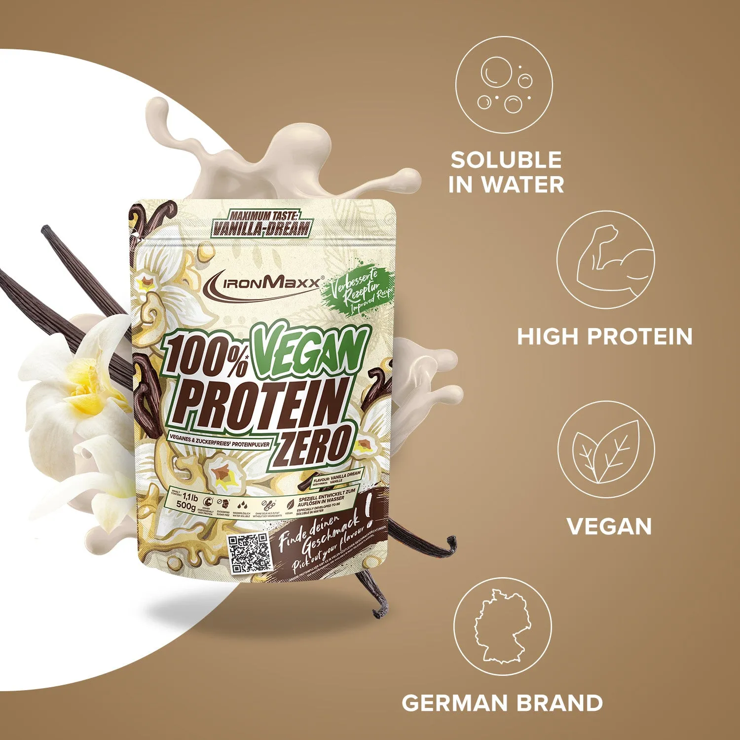 IronMaxx 100% Vegan Protein Zero Proteinpulver Vanilla Dream 500g zuckerfrei