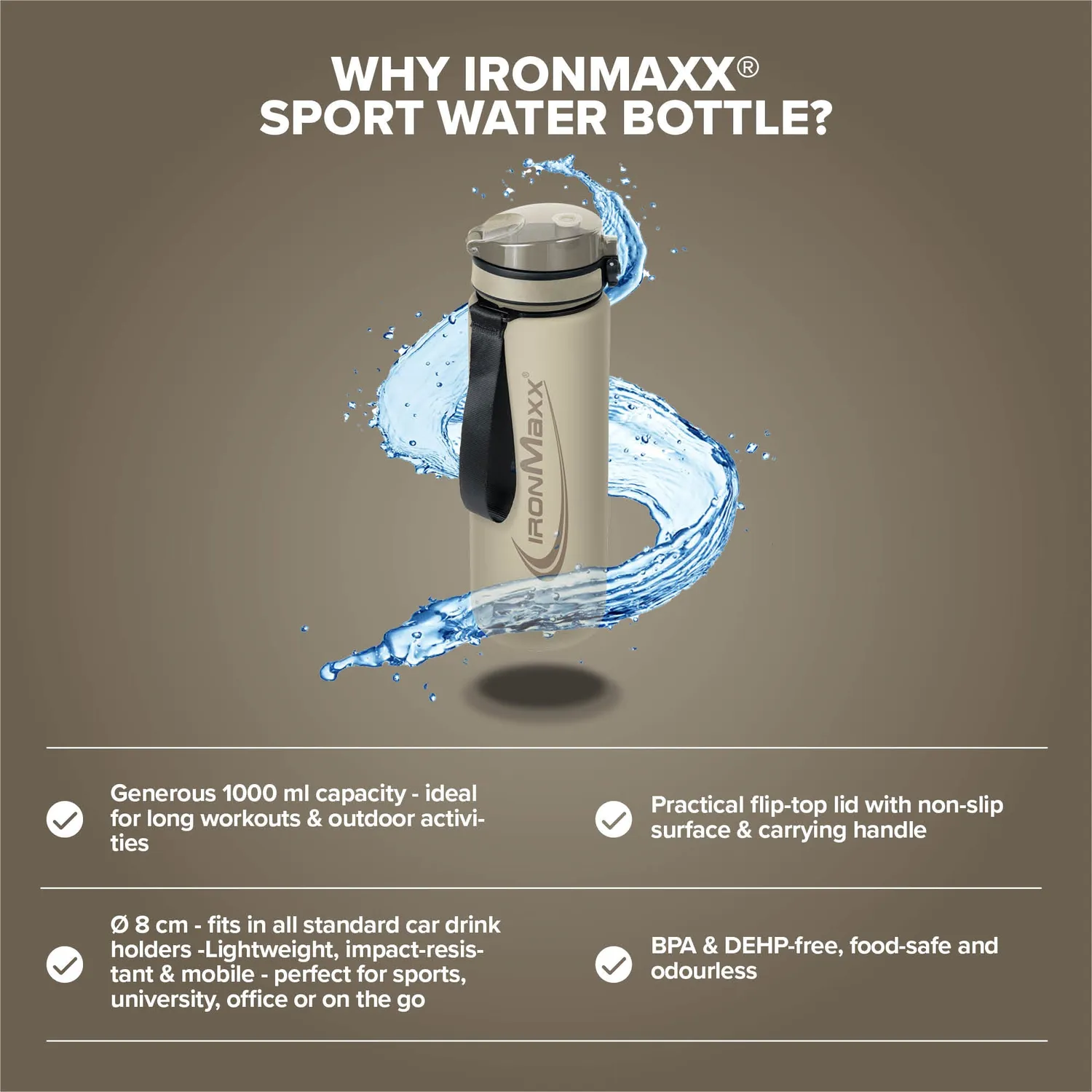 IronMaxx Sport Water Bottle Trinkflasche Sandstone Beige 1000ml