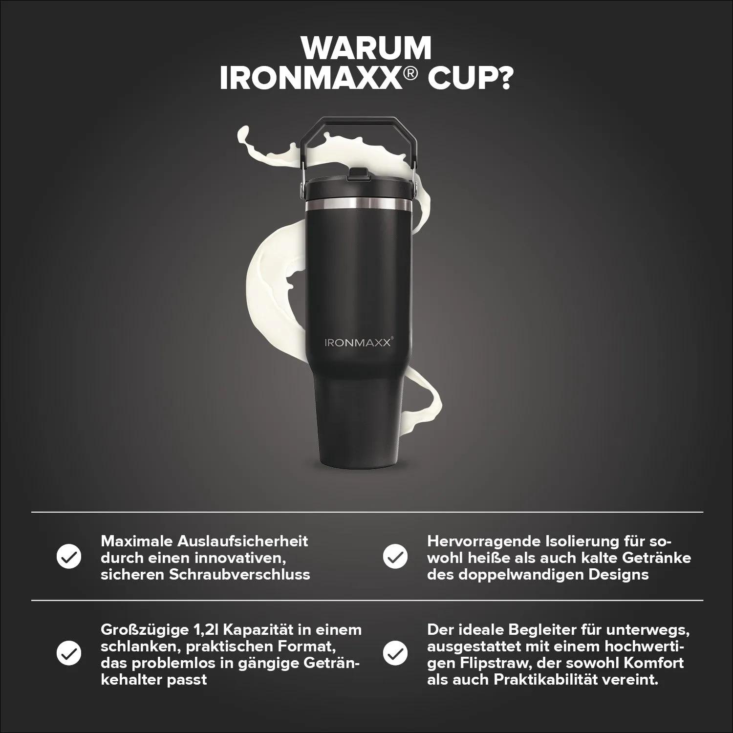 IronMaxx Cup V5.0 Thermobecher Schwarz 1200ml mit Griff