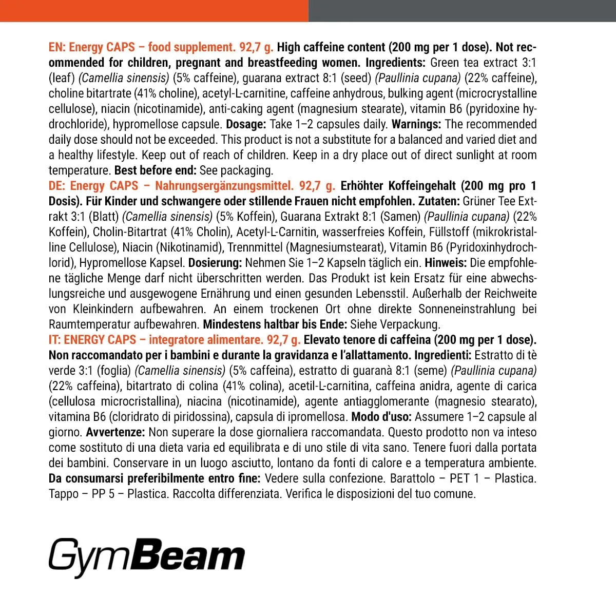GymBeam Energy Kapseln Koffein Guarana 120 Caps vegan