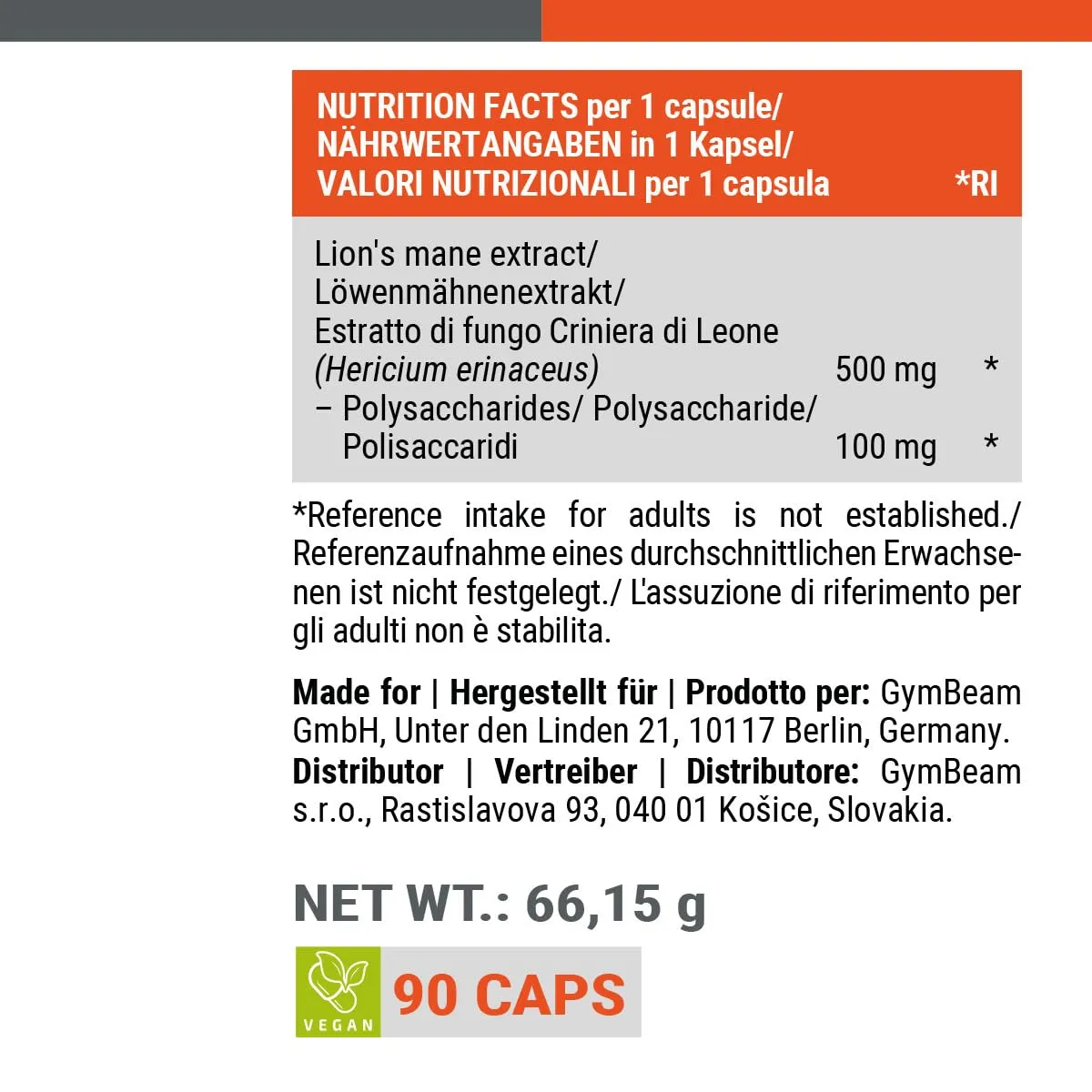 GymBeam Löwenmähne Extrakt 90 Kapseln mit 20% Polysaccharide