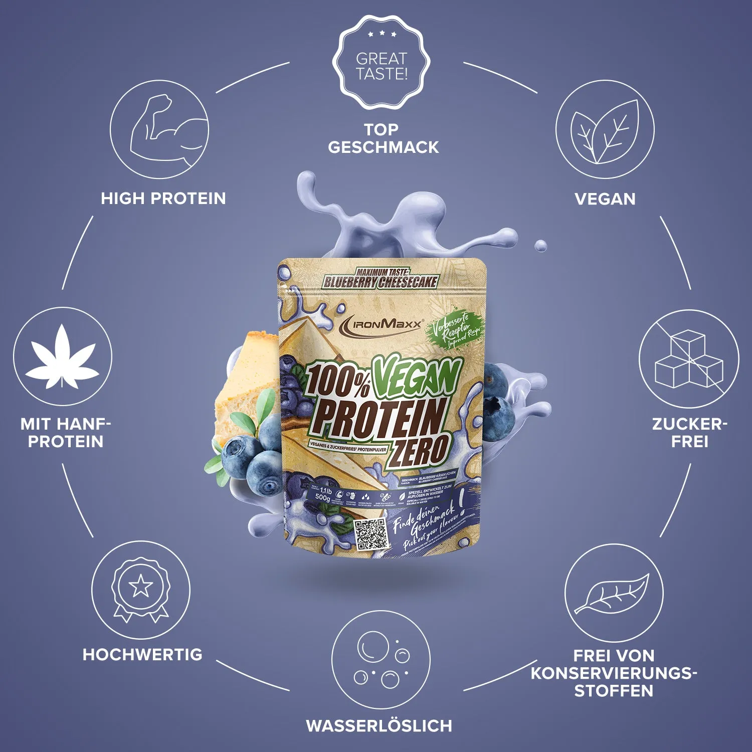 IronMaxx 100% Vegan Protein Zero Blueberry Cheesecake 500 g
