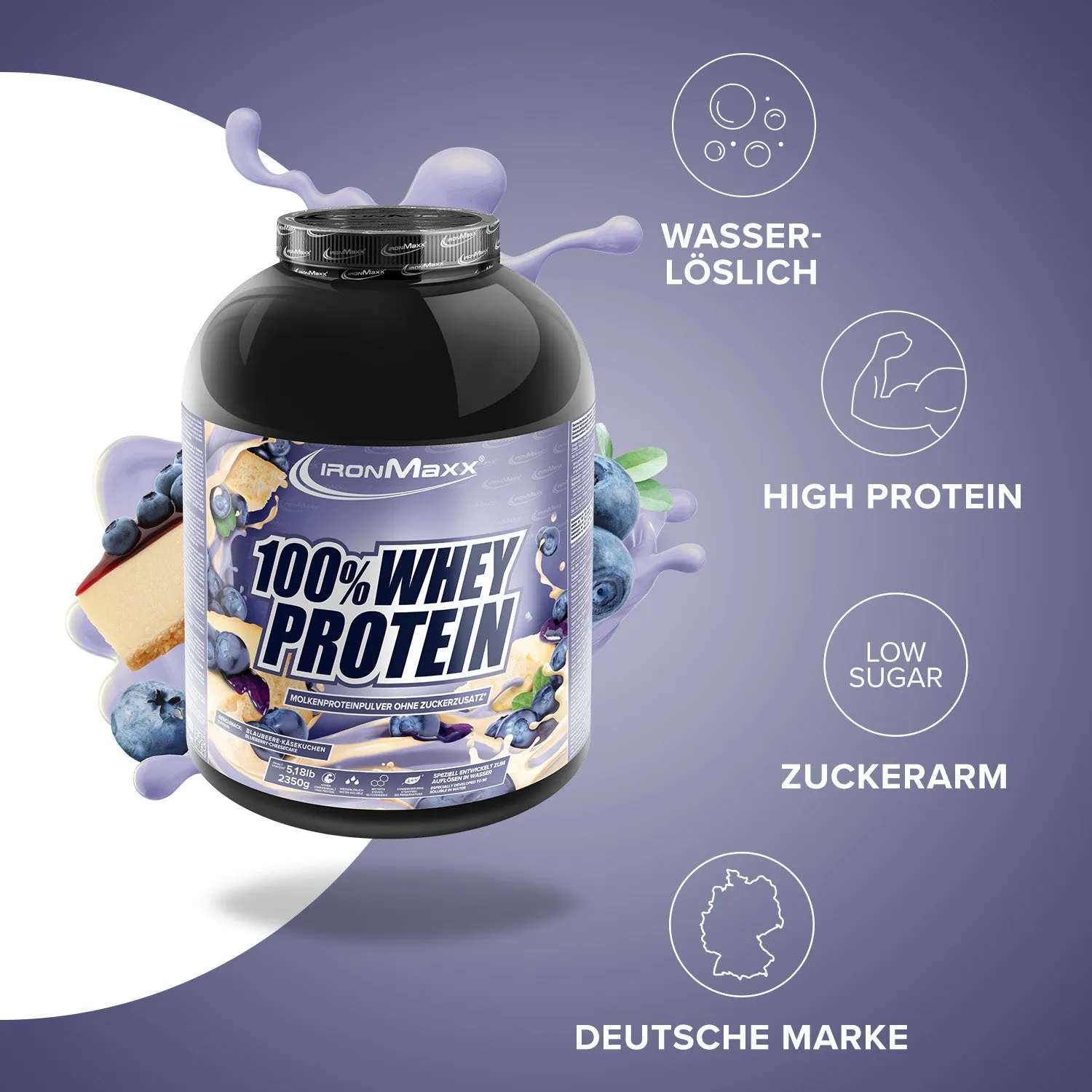 IronMaxx 100% Whey Protein Pulver 2350g Blueberry Cheesecake zuckerfrei