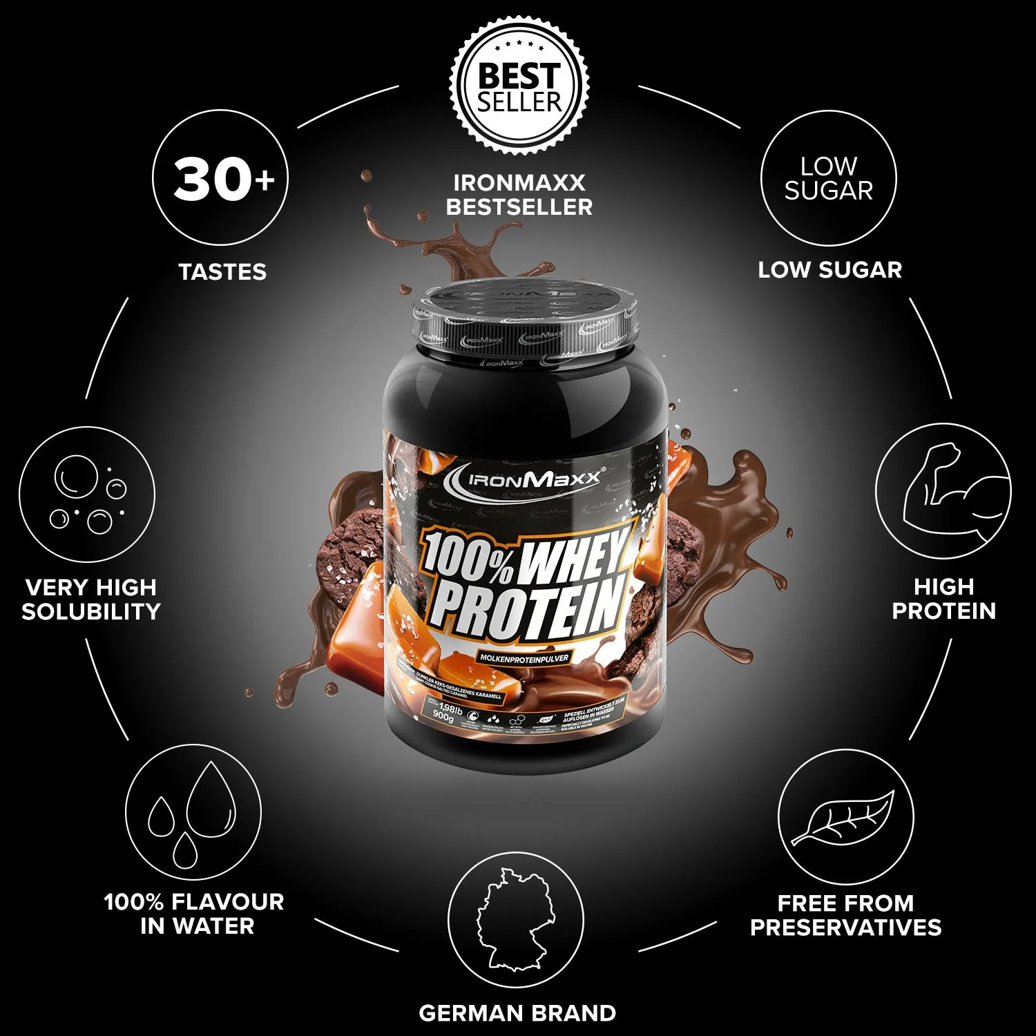IronMaxx 100% Whey Protein Dark Cookies Salted Caramel 900g