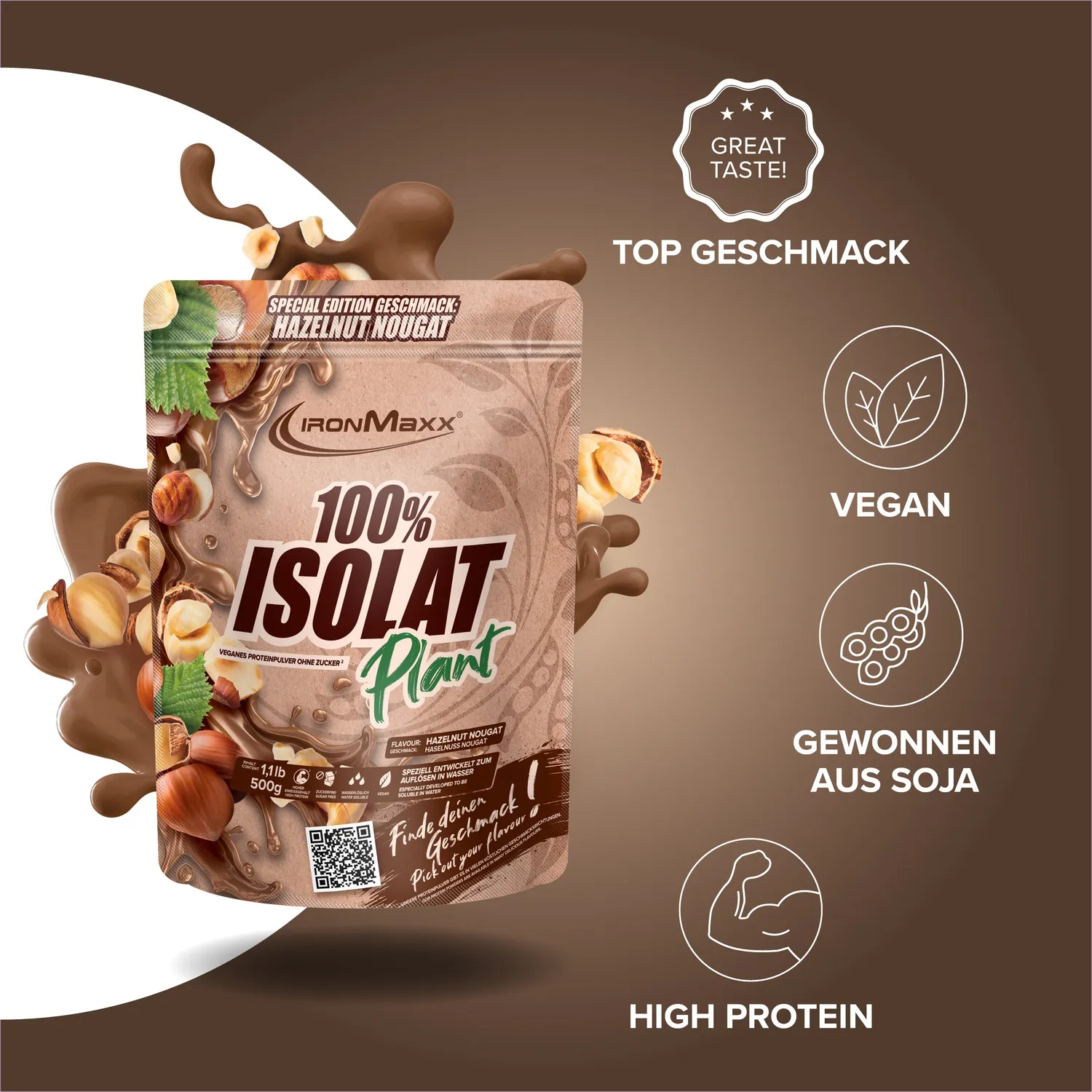 IronMaxx 100% Isolat Plant Pulver 500g Hazelnut Nougat vegan