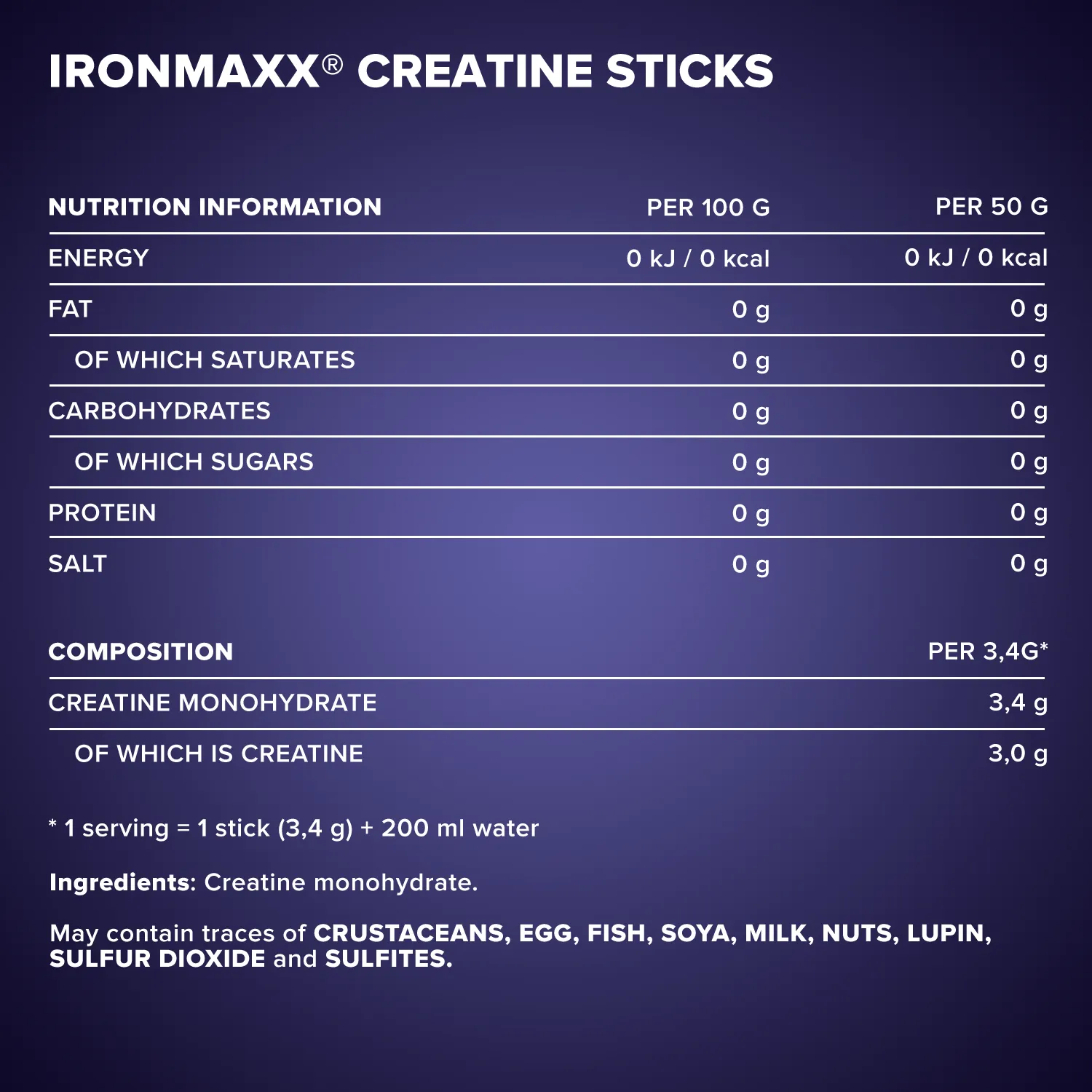 IronMaxx Creatine Monohydrate Sticks Kreatin 30x3,4g zuckerfrei