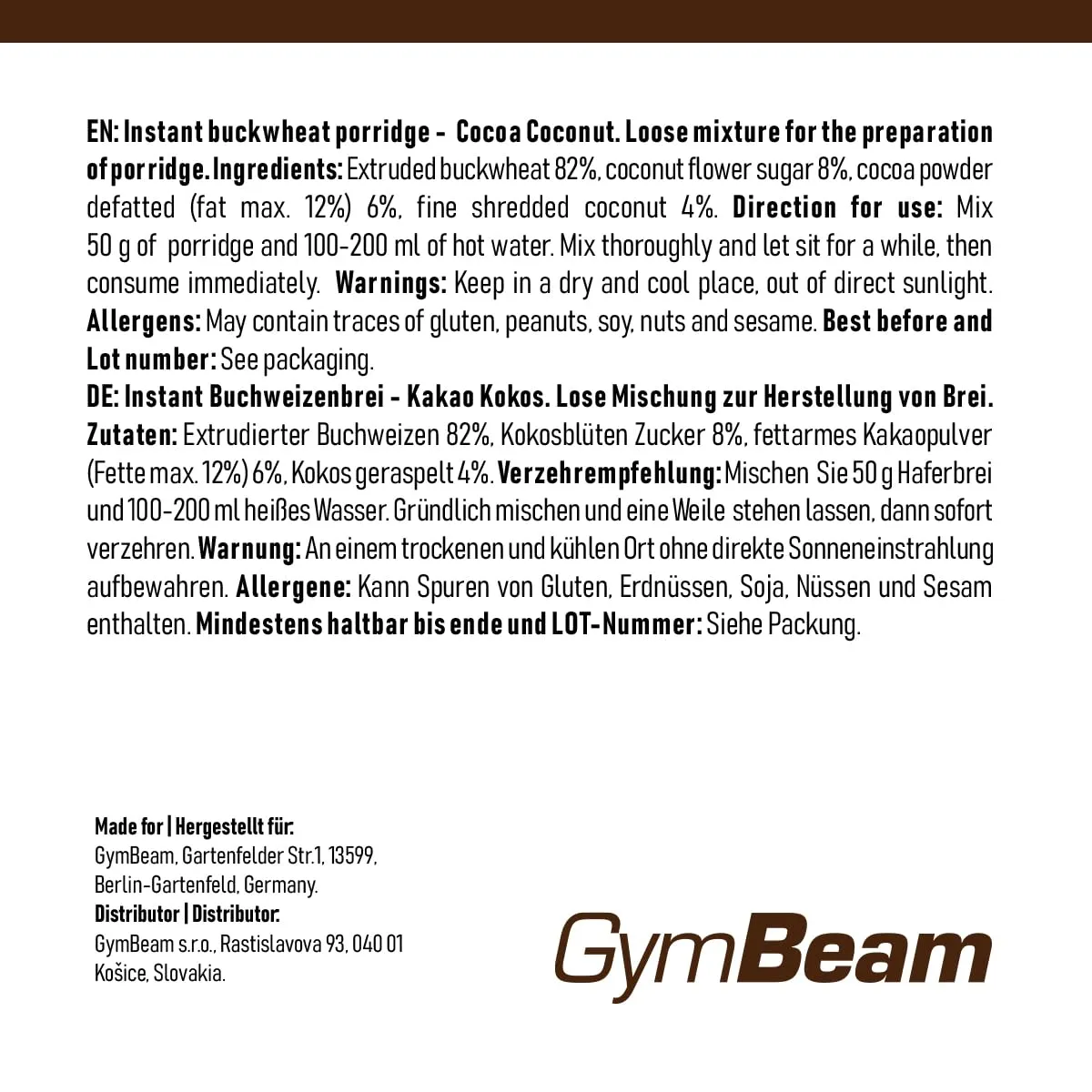 GymBeam Buchweizen Porridge Coconut-Cocoa 450 g zuckerfrei