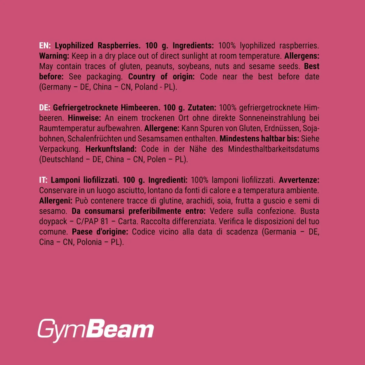 GymBeam Himbeeren gefriergetrocknet 100 g ohne Zucker