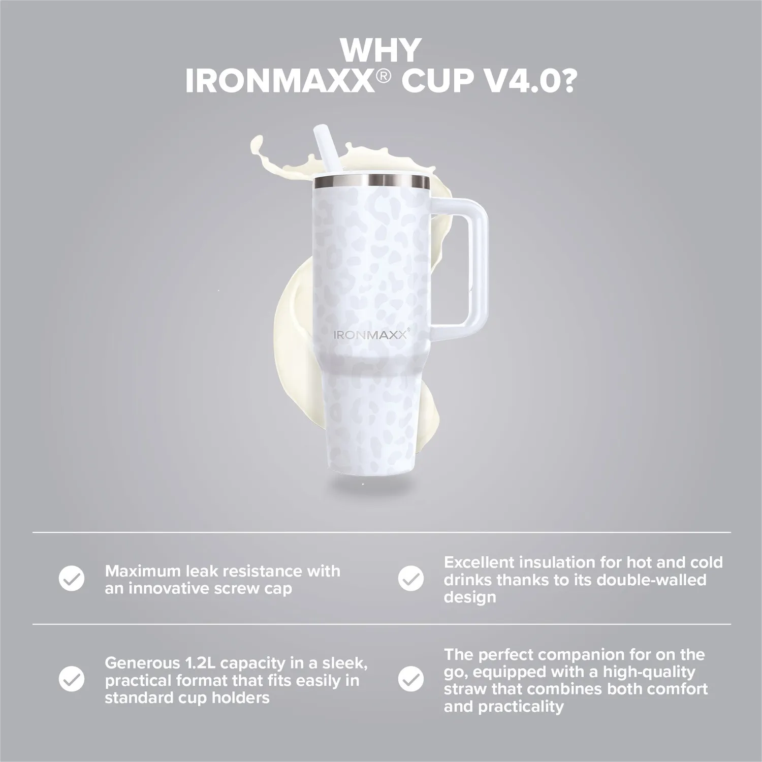 IronMaxx Cup V4.0 Trinkbecher 1200ml Leo-Style White Edelstahl