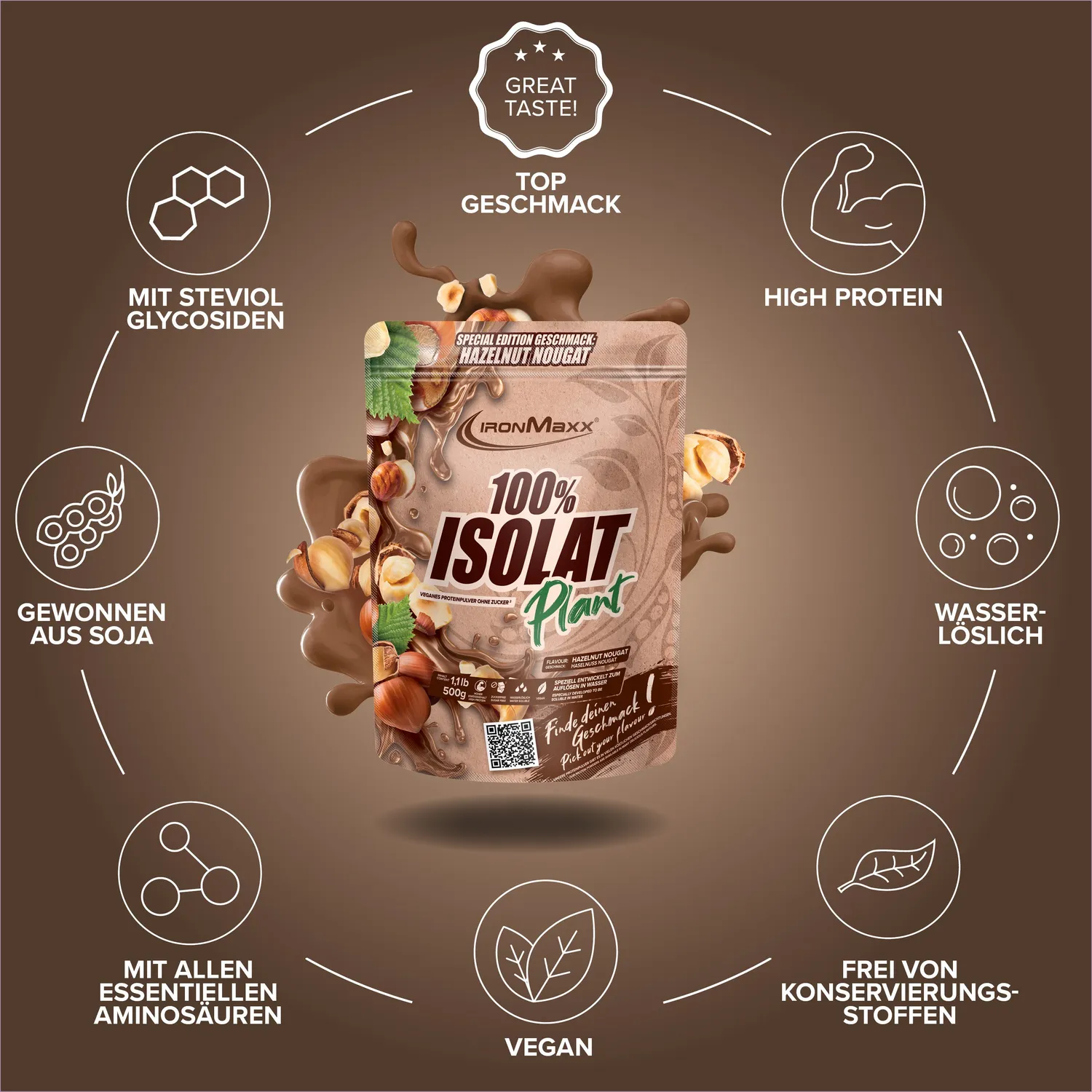 IronMaxx 100% Isolat Plant Pulver 500g Hazelnut Nougat vegan