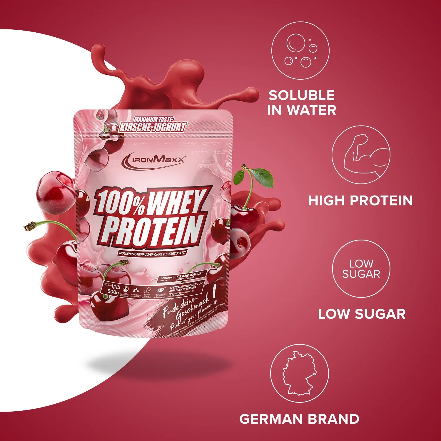 IronMaxx 100% Whey Protein 500g Kirsche Yoghurt 80% Eiweiß